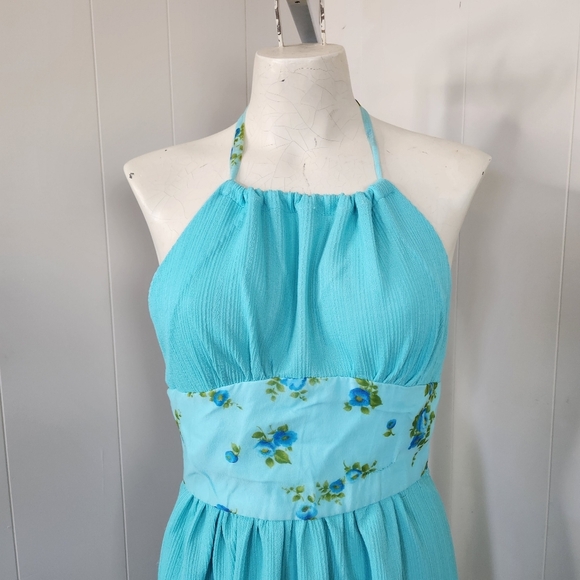 Vintage Blue Floral Halter Maxi Dress 60s 70s Boho Bohemian Hippie Romantic - Picture 6 of 10